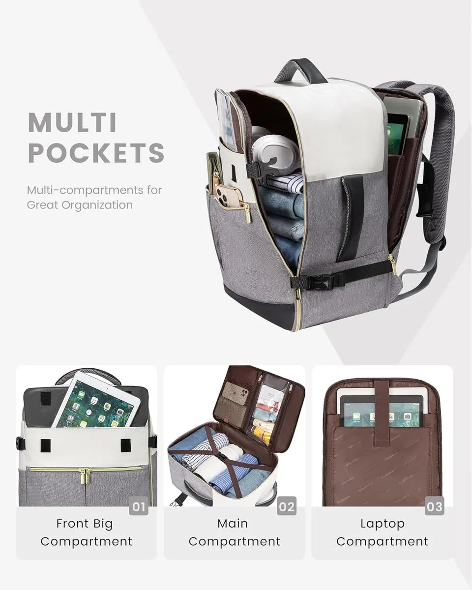 Rugzak handbagage vliegtuig, 40 liter, grote reisrugzak voor dames en heren, voor Ryanair Easyjet, laptoprugzak, 17 inch, reisrugzak voor reizen, zaken, beige, zwart, bruin
