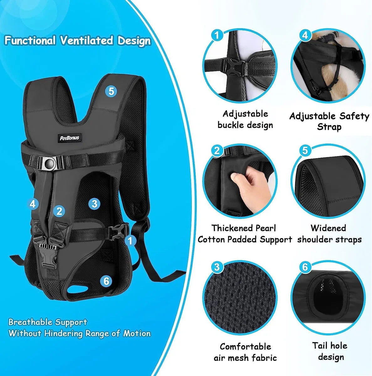 Pet Carrier Backpack, Hondenrugzak, Verstelbare draagtas voor honden, Ademende en lichte rugzakken voor middelgrote en kleine honden, Hondentas voor wandelingen, Zwart, L