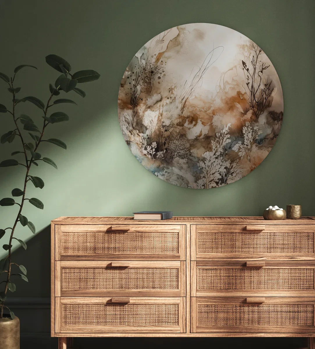 WallCircle® Wandcirkel 90x90 cm - Muurcirkel Abstract - Beige - Verf - Kunst - Natuur - Bloemen - Planten - Muurdecoratie cirkel woonkamer - Wanddecoratie slaapkamer - Kamer decoratie accessoires - Ronde schilderijen - Woonaccessoires