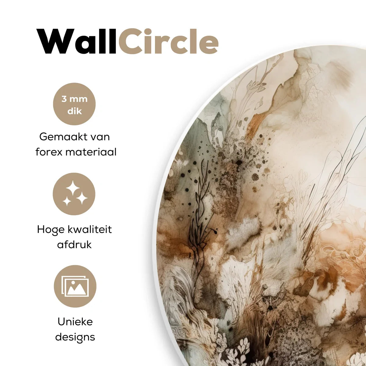 WallCircle® Wandcirkel 90x90 cm - Muurcirkel Abstract - Beige - Verf - Kunst - Natuur - Bloemen - Planten - Muurdecoratie cirkel woonkamer - Wanddecoratie slaapkamer - Kamer decoratie accessoires - Ronde schilderijen - Woonaccessoires