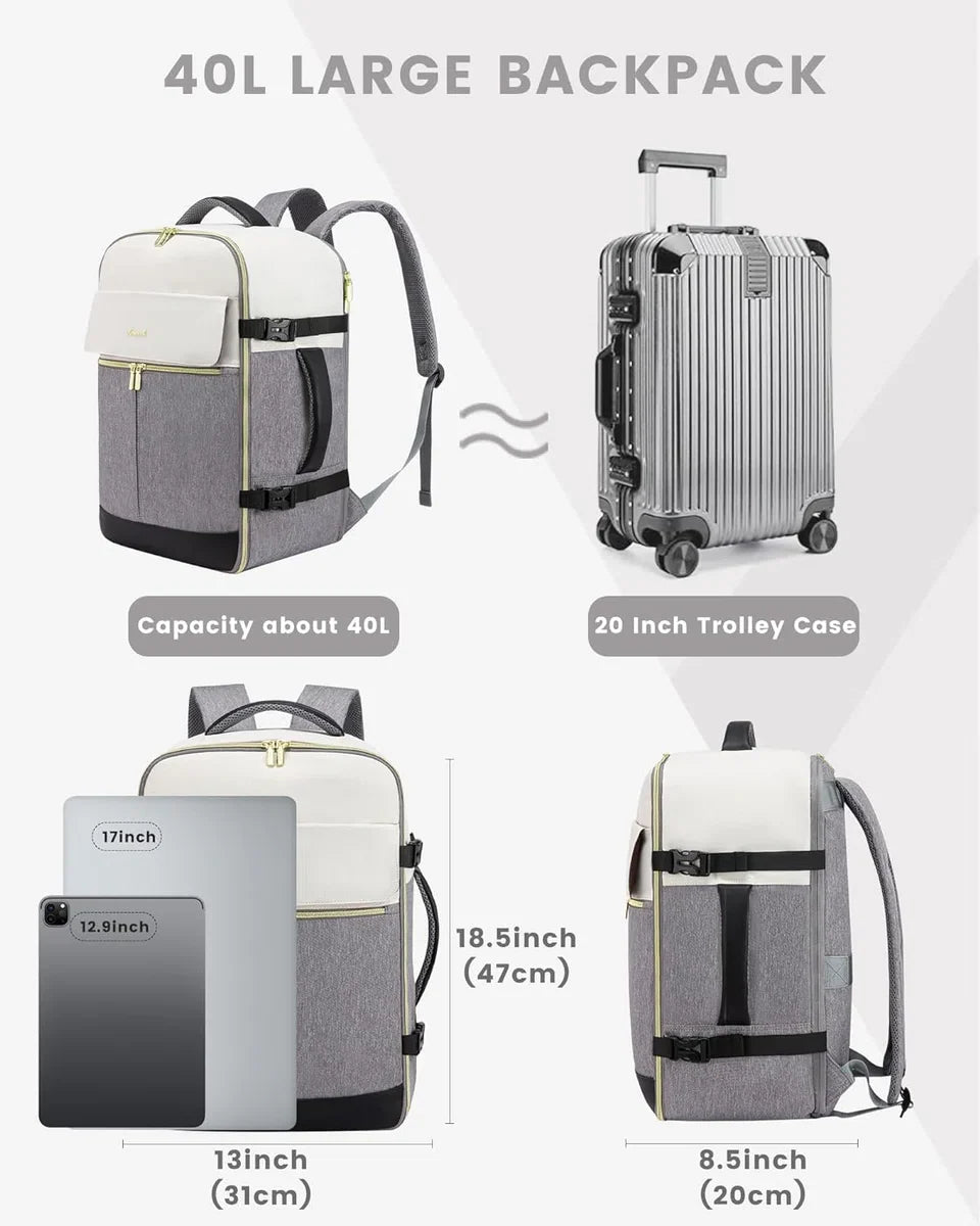 Rugzak handbagage vliegtuig, 40 liter, grote reisrugzak voor dames en heren, voor Ryanair Easyjet, laptoprugzak, 17 inch, reisrugzak voor reizen, zaken, beige, zwart, bruin