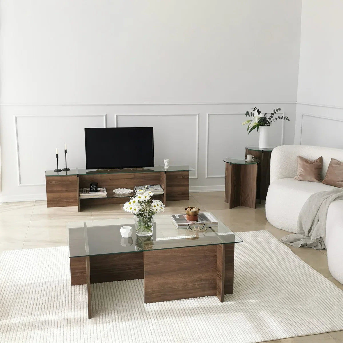 Coffee table - Walnut Finish - Tempered Glass - Dimensions 105x65x40cm - Stylish Table for every Living Room