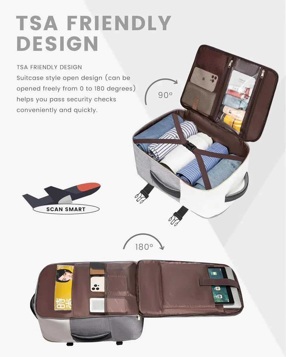 Rugzak handbagage vliegtuig, 40 liter, grote reisrugzak voor dames en heren, voor Ryanair Easyjet, laptoprugzak, 17 inch, reisrugzak voor reizen, zaken, beige, zwart, bruin