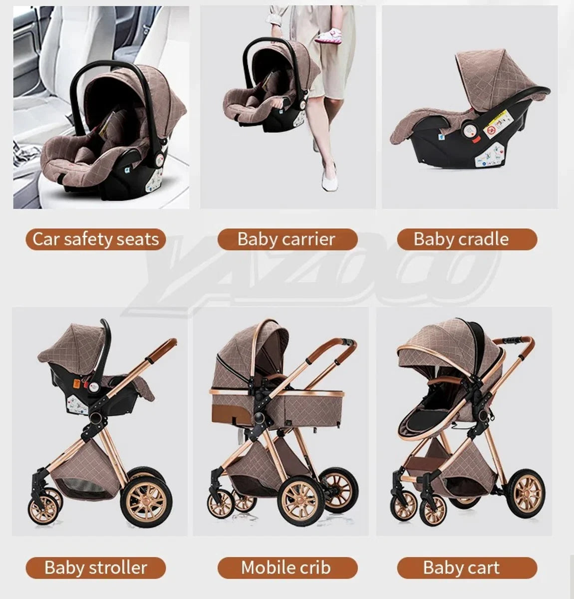 N.lux - Luxe kinderwagen set 3 in 1 - Wandelwagen - Inclusief autostoel - Buggy - Bruin