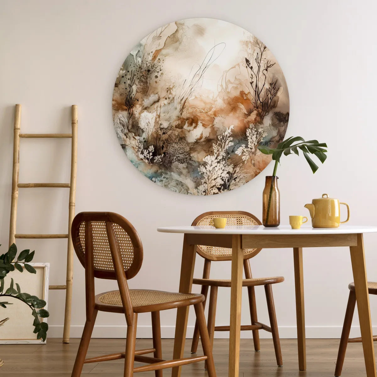 WallCircle® Wandcirkel 90x90 cm - Muurcirkel Abstract - Beige - Verf - Kunst - Natuur - Bloemen - Planten - Muurdecoratie cirkel woonkamer - Wanddecoratie slaapkamer - Kamer decoratie accessoires - Ronde schilderijen - Woonaccessoires