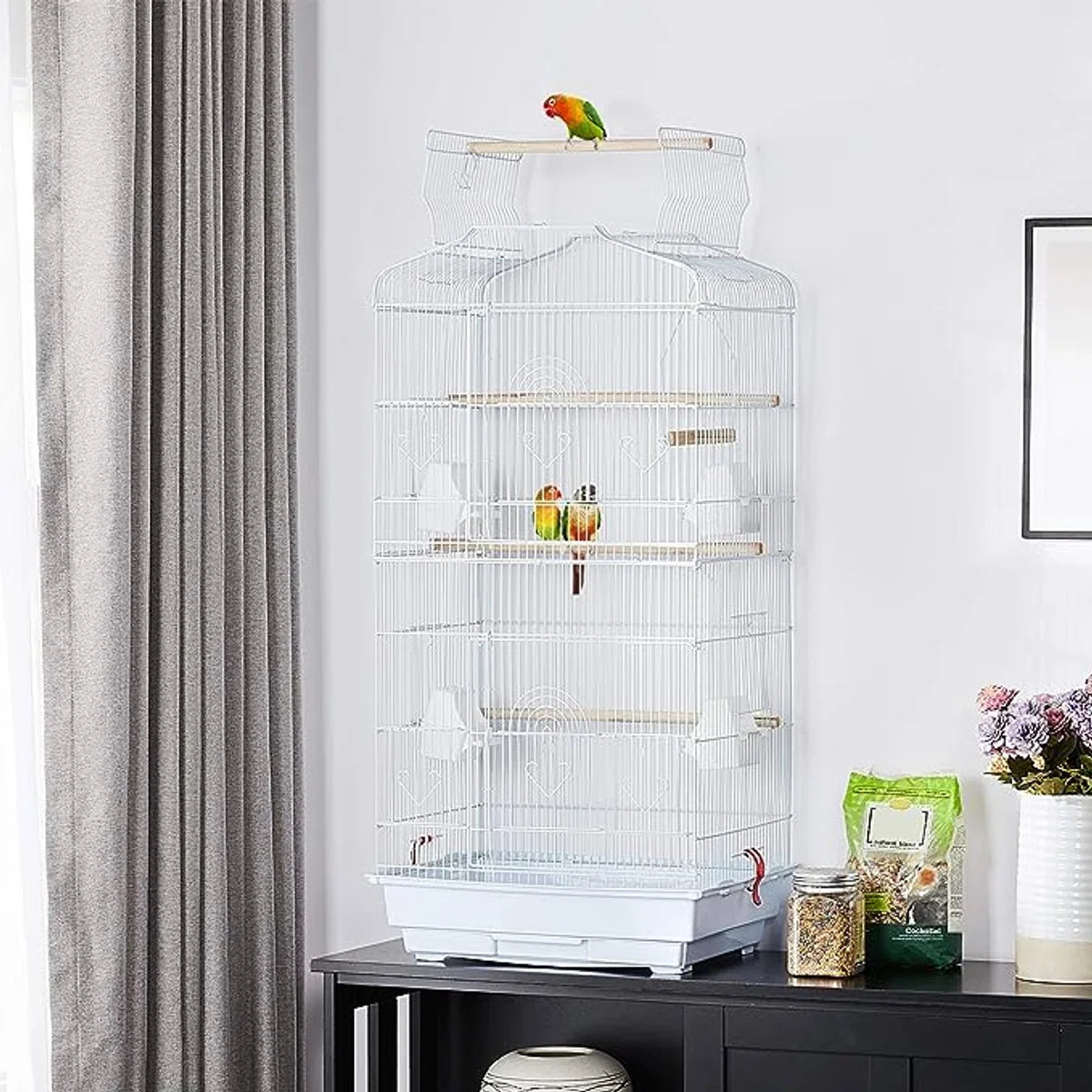 Large bird cage - aviary - bird cage - black - suitable for canaries, cockatiels, parrots, pigeons - including perches - parrot cage - parakeet cage - indoor and outdoor bird cage - 46 x 35 x 104 cm