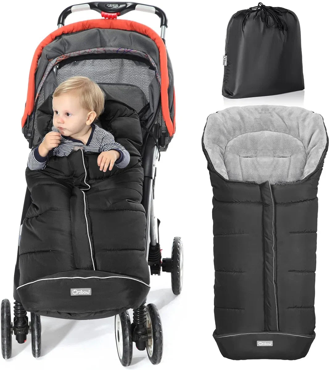 Stroller footmuff, buggy footmuff, baby footmuff sleeping bag, baby footmuff for car seat, winter footmuff with zipper, washable, suitable for all strollers (black, large)