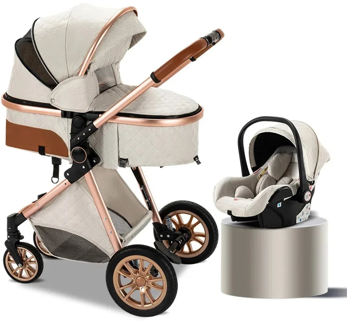 Luxury Multifunctional 3-in-1 Combi Stroller - Quality Buggy - Buggies - Foldable Stroller - Car Seat - Incl. Car Seat - Pink - Cream