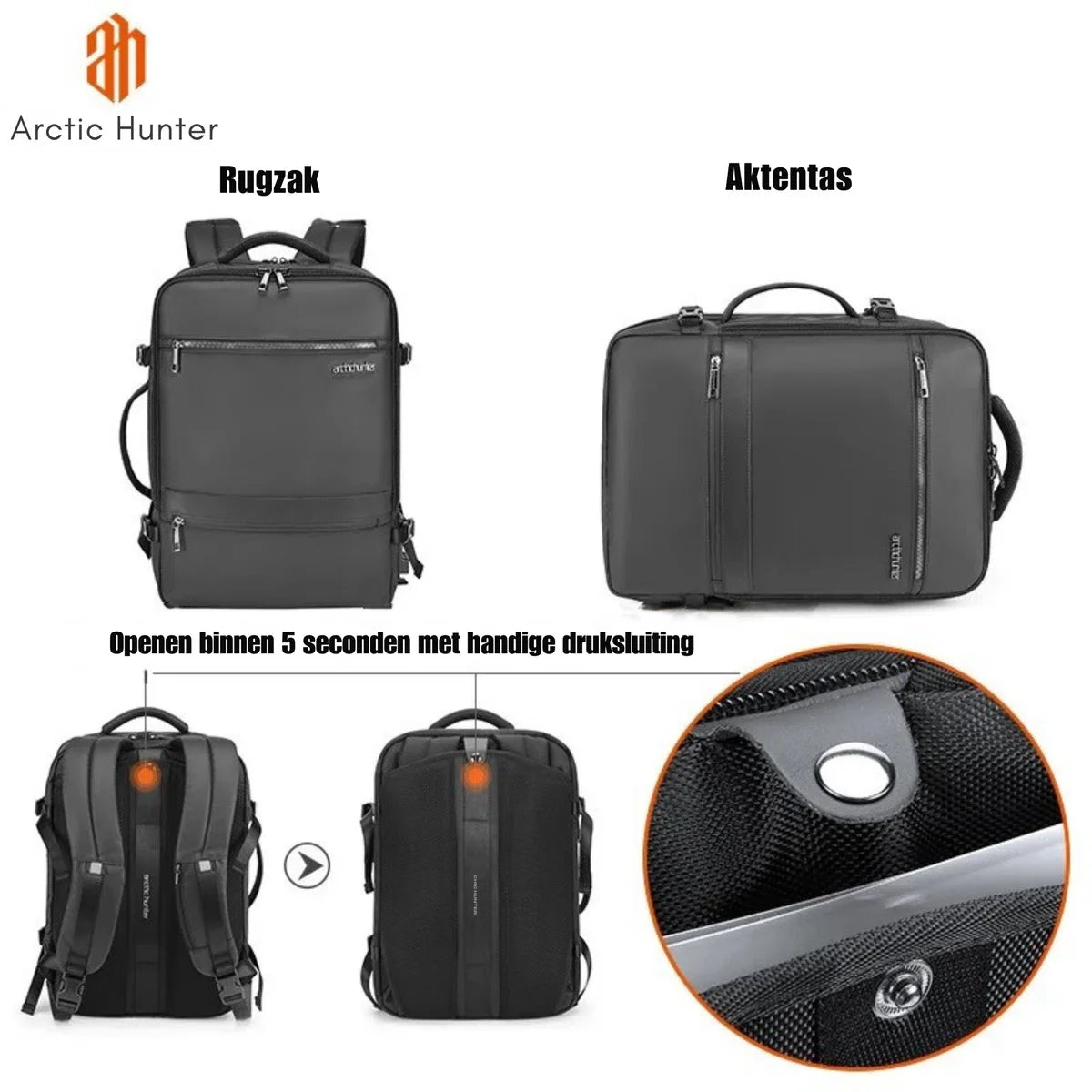 Arctic Hunter Backpack - Laptop Travel Bag - Backpack - Briefcase - 17 Inch - USB - Charging Station - Black - 32L