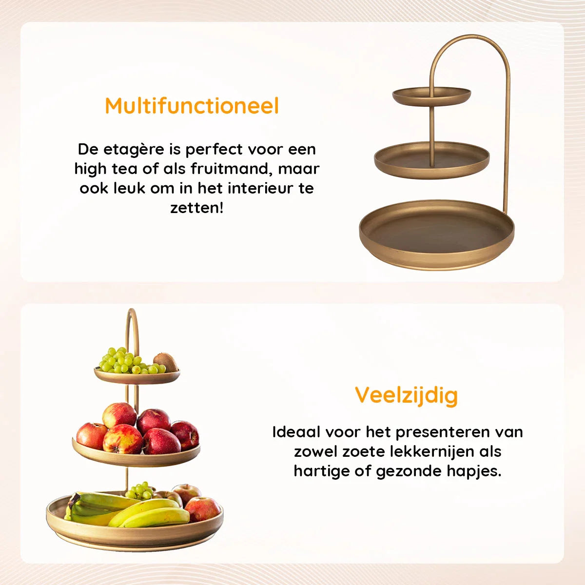 Etagère XL – 3 laags – 40 x 41 x 55 cm – Serveertoren – Serveerset – Fruitschaal – Goud – Metaal