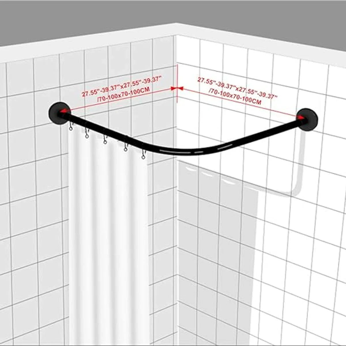 Extendable 304 Stainless Steel L-Shaped Bathroom Shower Curtain Corner Bathtub Rod (Black, 70-100 x 70-100 cm)