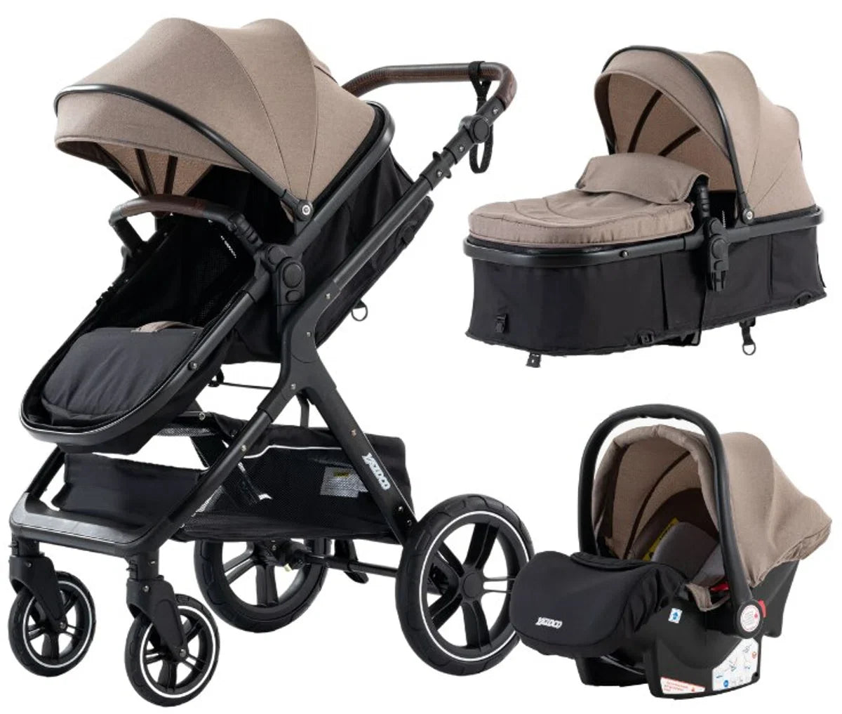 Luxe 3-in-1 Kinderwagen - Wandelwagen - Autostoel - Buggy - Inklapbaar - Khaki - 0-36 Maanden