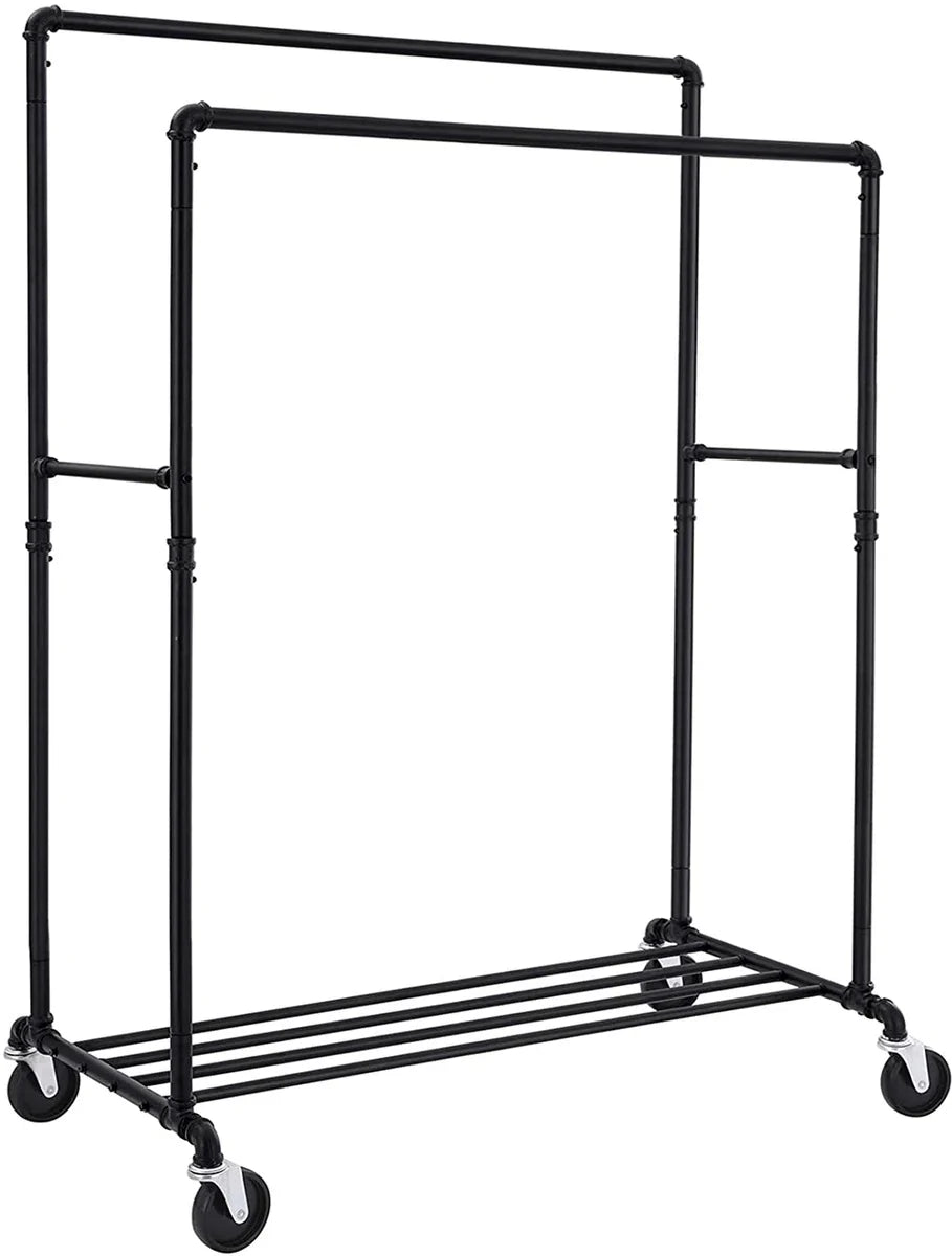 Heavy-duty kledingrek, belastbaar tot 110 kg, industrieel design, mobiele kledinghanger met 2 kledingstangen, voor productpresentatie, zwart-HSR60B