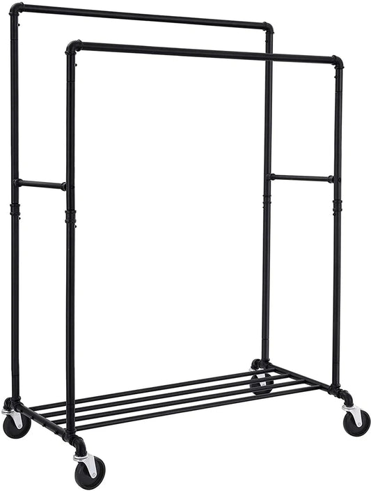Heavy-duty kledingrek, belastbaar tot 110 kg, industrieel design, mobiele kledinghanger met 2 kledingstangen, voor productpresentatie, zwart-HSR60B