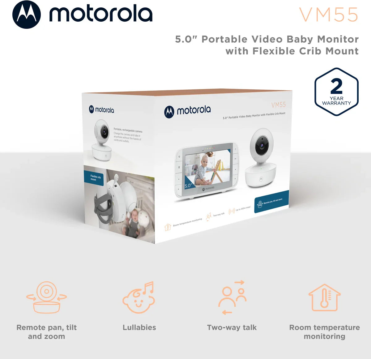 Motorola Nursery Babyfoon met Camera - VM55 - 5-inch Kleurendisplay - Draadloos - Infrarood Nachtzicht - Kantelbare Camera - Terugspreekfunctie