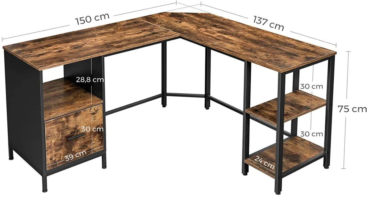 MIRA Home Hoekbureau - L-vormig werkblad - Multifunctioneel - Industrieel - Vintage - 137x150x75