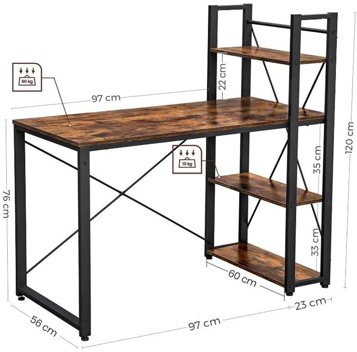 Mazazu - Desk - Computer Desk with Shelves - Home Office - Industrial - Vintage - Brown/Black - 60x120x76/120