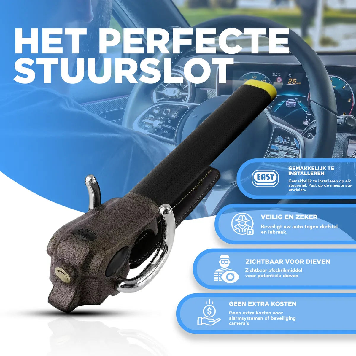 Modito Stuurslot Voor Auto - Stuurslot Beveiliging - Voor Autostuur - Anti-Diefstal Vergrendeling - Anti Inbraak - Sloten - Met Alarmsysteem