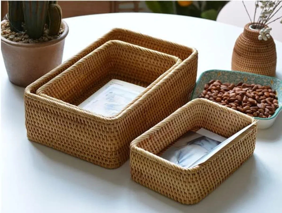 Natural Reed Storage Baskets, Rectangular Woven Fruit Baskets, Wicker Baskets Organizer for Bathroom, Living Room (Set of 3)