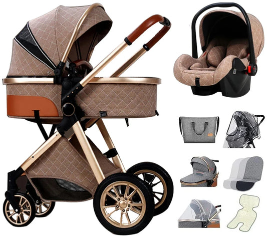Luxe Multifunctionele 3-in-1 Combi Kinderwagen – Kwalitatieve Buggy – Inklapbare Wandelwagen – Khaki – Incl. Autostoel