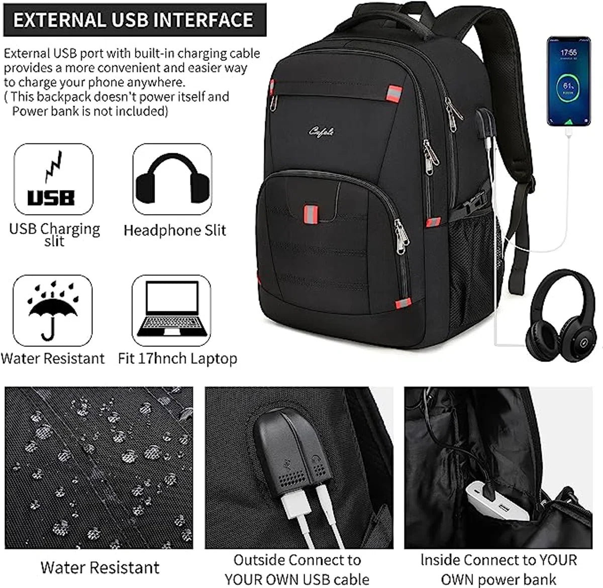 17,3-inch Laptoprugzak, Extra Grote Boekentas Computerrrugzak met USB-oplaadpoort, Waterbestendige Stevige Rugzak voor Zakelijk Gebruik, College, School, Reizen, Heren Dames Casual Dagrugzak, Zwart