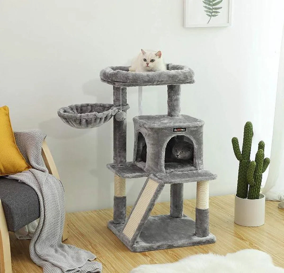 Large Cat Tree for Multiple Cats, Cat Condo with Hammock, Cat Scratching Post, 143 cm, Light Grey