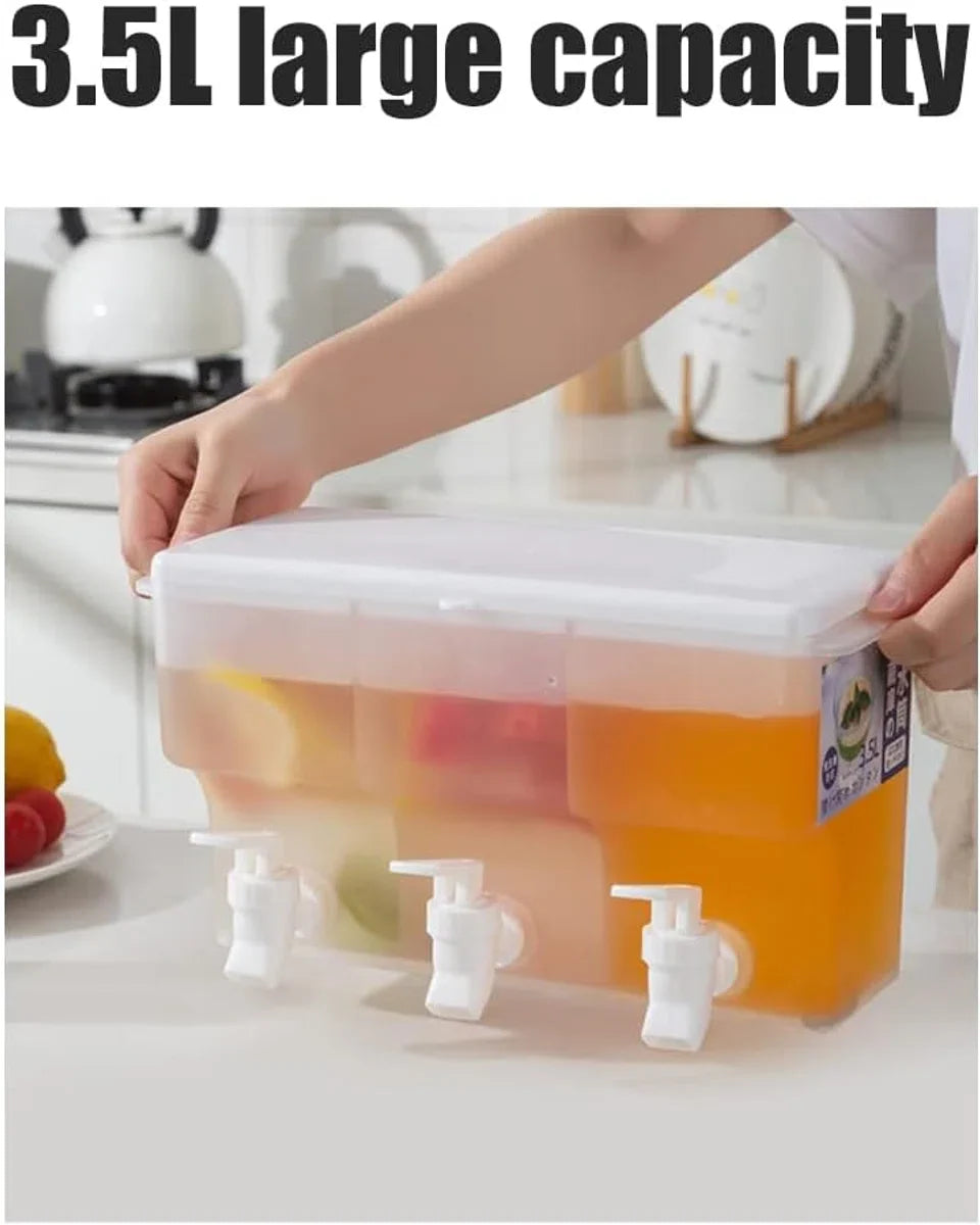3,5 liter koelkast waterdispenser met kraan, plastic drankdispenser, plastic drankdispenser met 3 compartimenten, ijswatercontainer voor zomerse sappen, koud water, ijsthee, melk, bier.