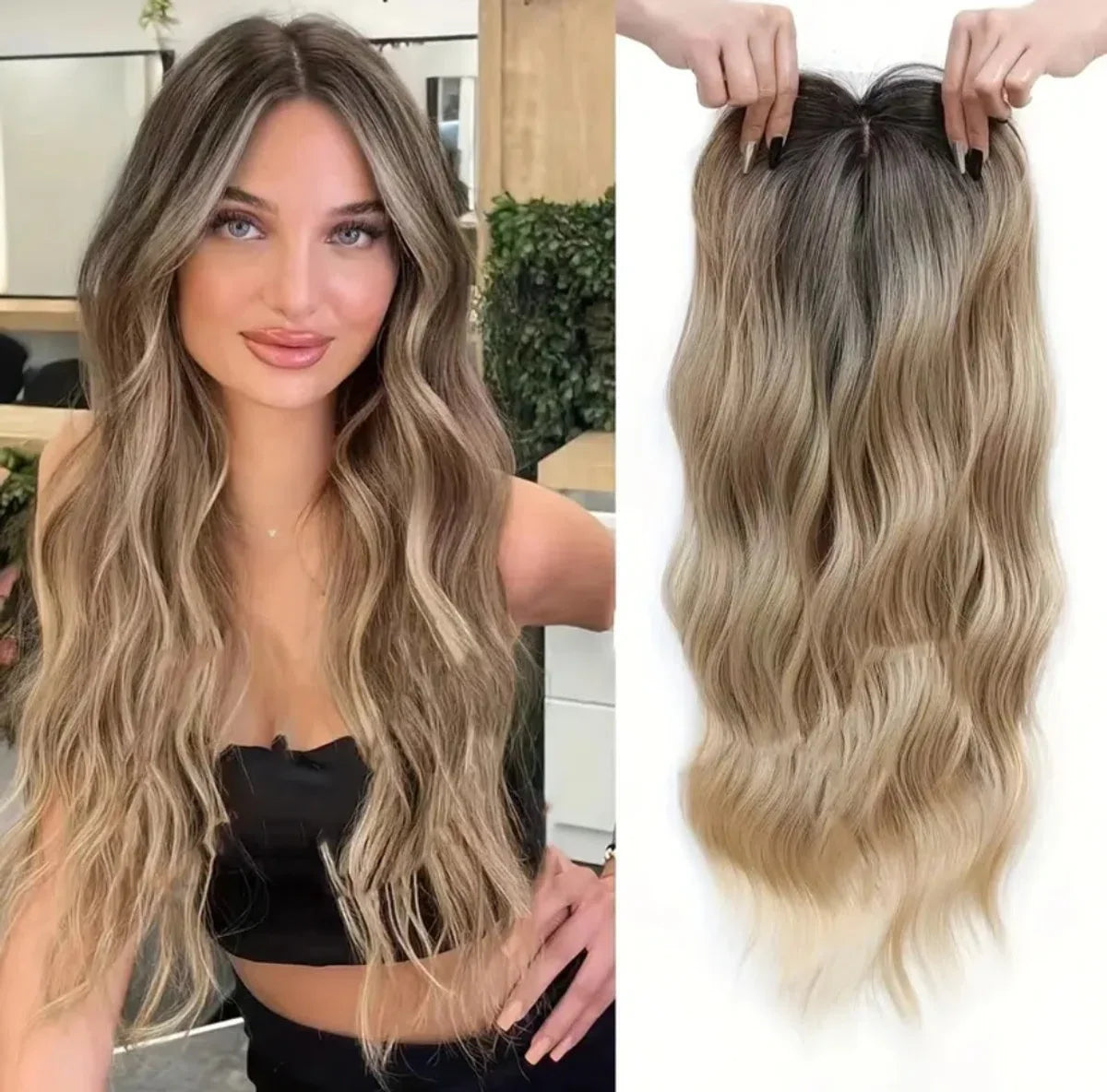 Beautiful natural-looking hair topper hair extensions wig for thinning hair or to cover bald spots or gray hair. Color dark blonde long model