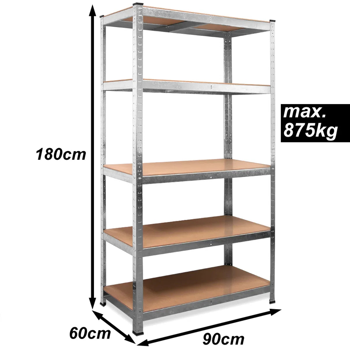 7House Heavy-Duty metalen opbergrek/stellingkast met 5 legborden - 875kg draagvermogen - (HxBxD) 180x90x60 cm - 175kg per plank