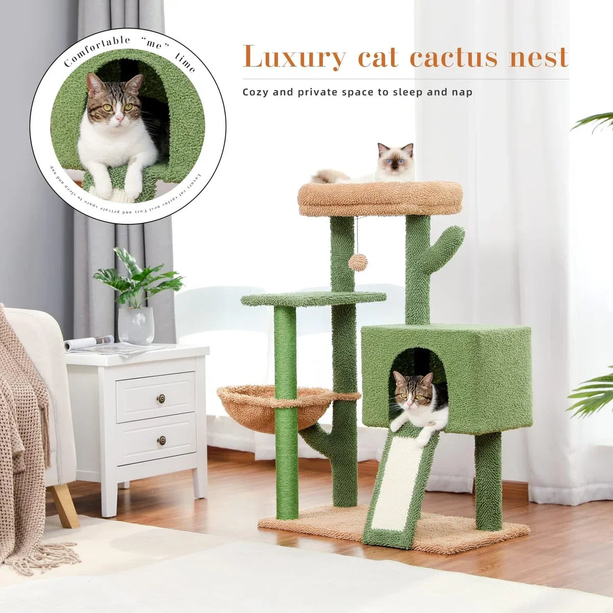 Cat Scratching Post 104 cm Modern Cactus Plush Cat Scratcher for Adult Cats with Larger Cave, Removable Top Bed, Dangling Ball, Sisal Rope, Green.