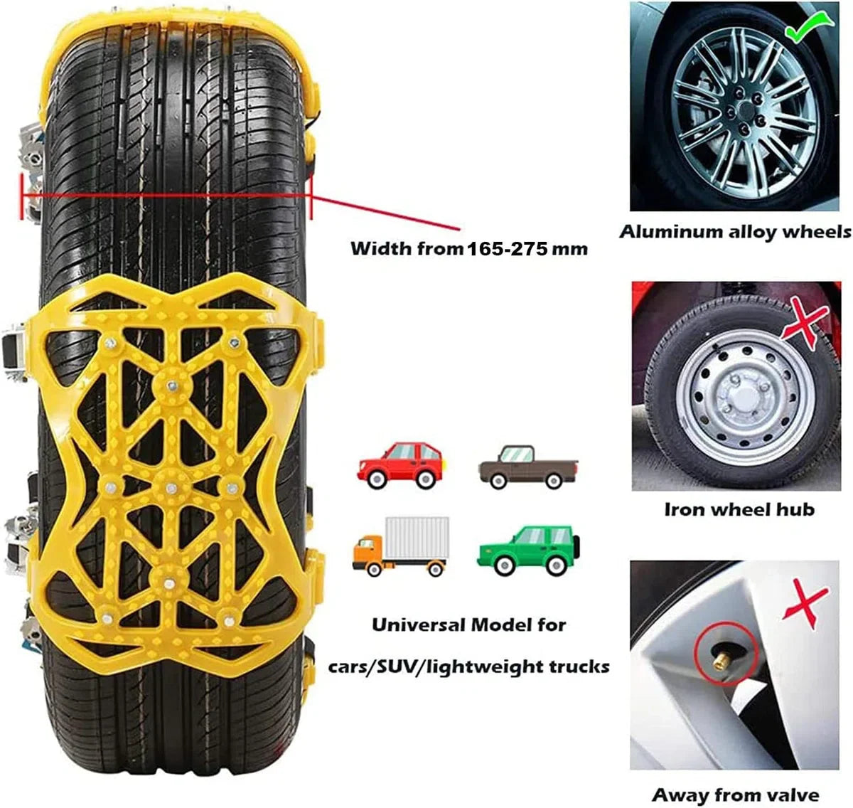 Sneeuwkettingen, 6 stuks universele autosneeuwkettingen voor bandbreedte 165-285 mm / 6,5-12 inch, winterbandenkettingen voor lichte vrachtwagens/SUV/ATV, 205 55 R16/225 55 R17