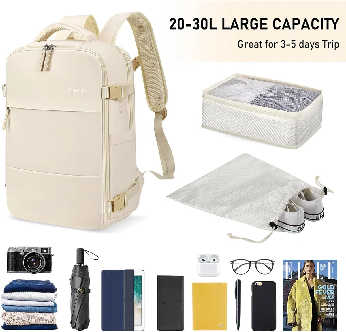 Damesreisrugzak, handbagage, reisrugzak voor 15,6 inch laptop, anti-diefstal, waterafstotend, rugzak, vliegtuig, handbagage, reisrugzak voor dames, voor werk, school, reizen (beige)