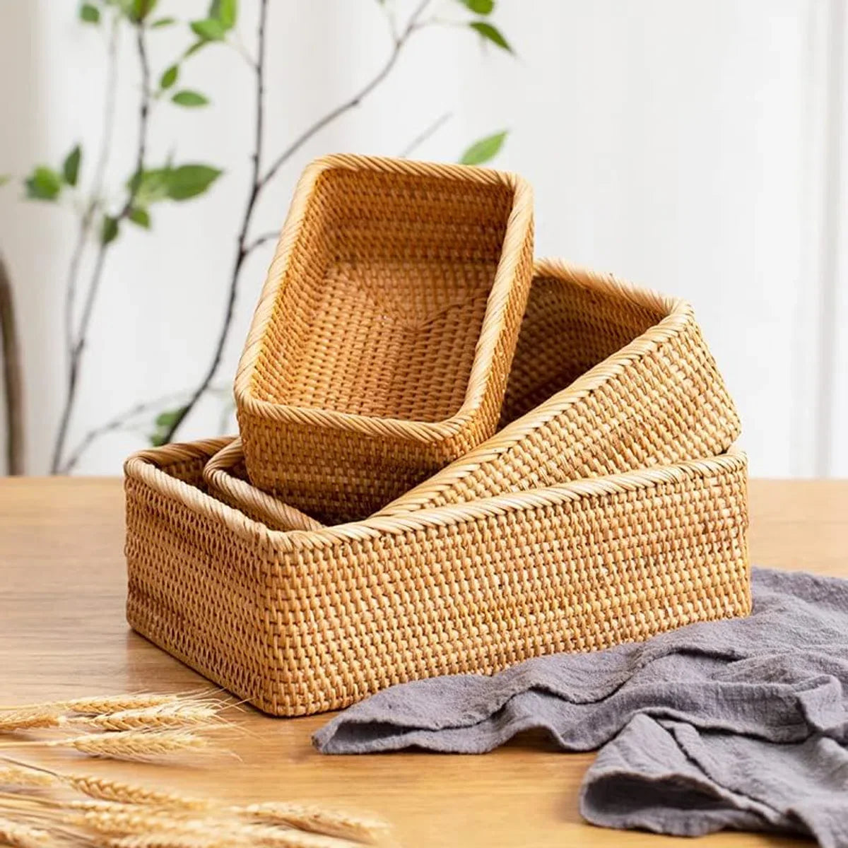 Natural Reed Storage Baskets, Rectangular Woven Fruit Baskets, Wicker Baskets Organizer for Bathroom, Living Room (Set of 3)