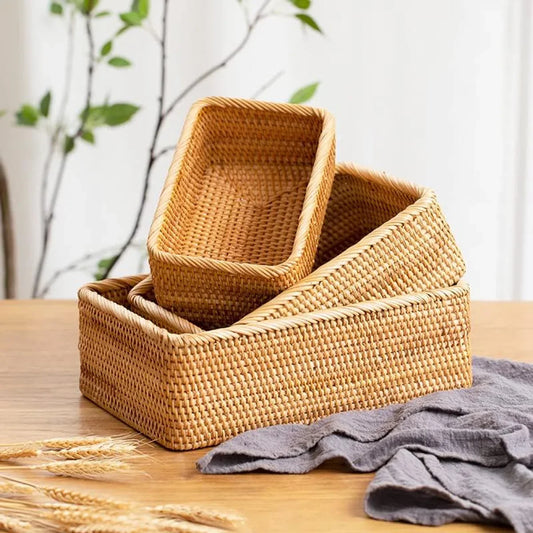 Natural Reed Storage Baskets, Rectangular Woven Fruit Baskets, Wicker Baskets Organizer for Bathroom, Living Room (Set of 3)
