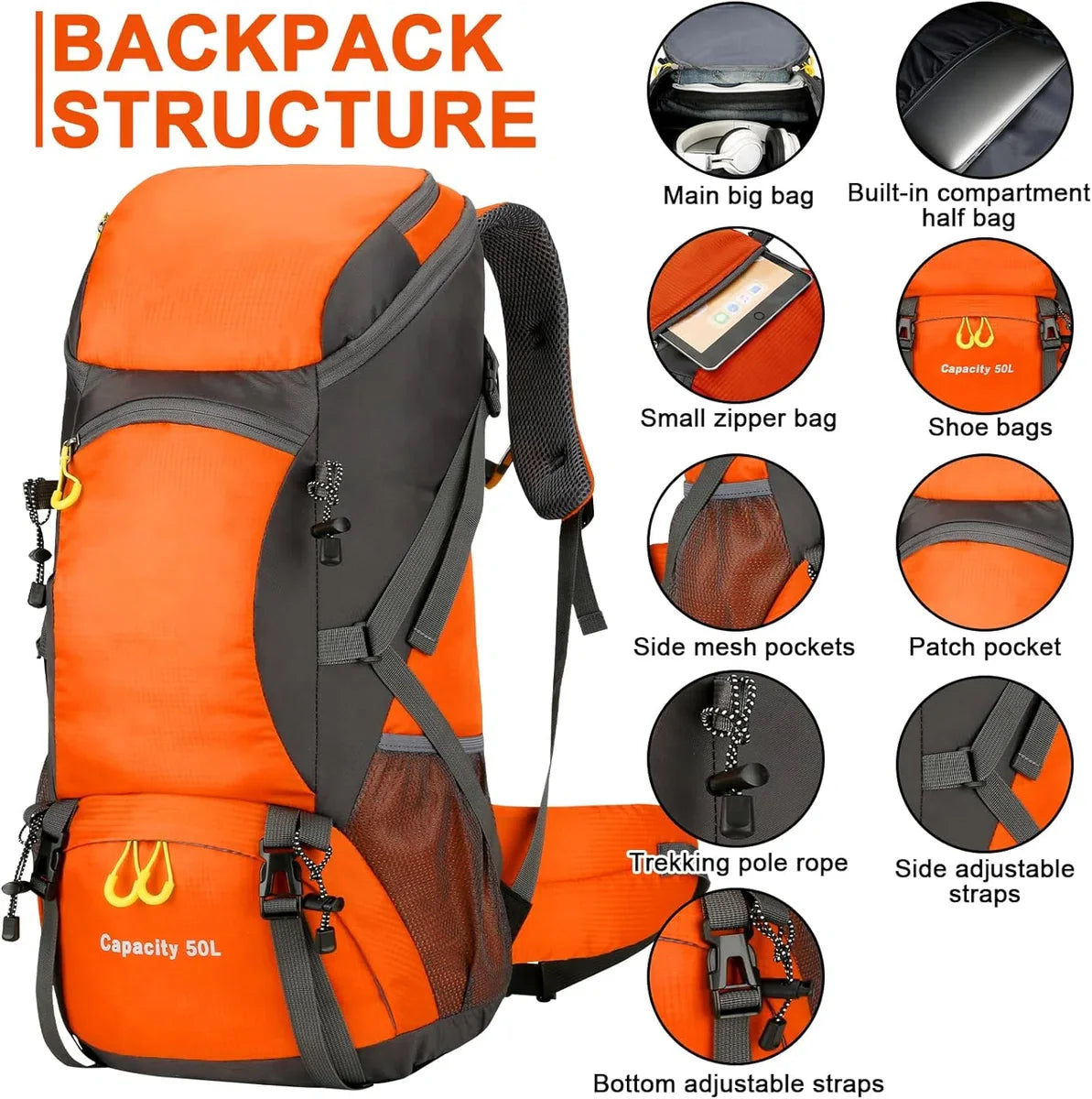 Hiking Backpack, 50L Trekking Rucksack with Rain Cover, Travel Backpack Waterproof Camping Backpack for Hiking, Camping, Climbing, Travel, Sports, Men and Women