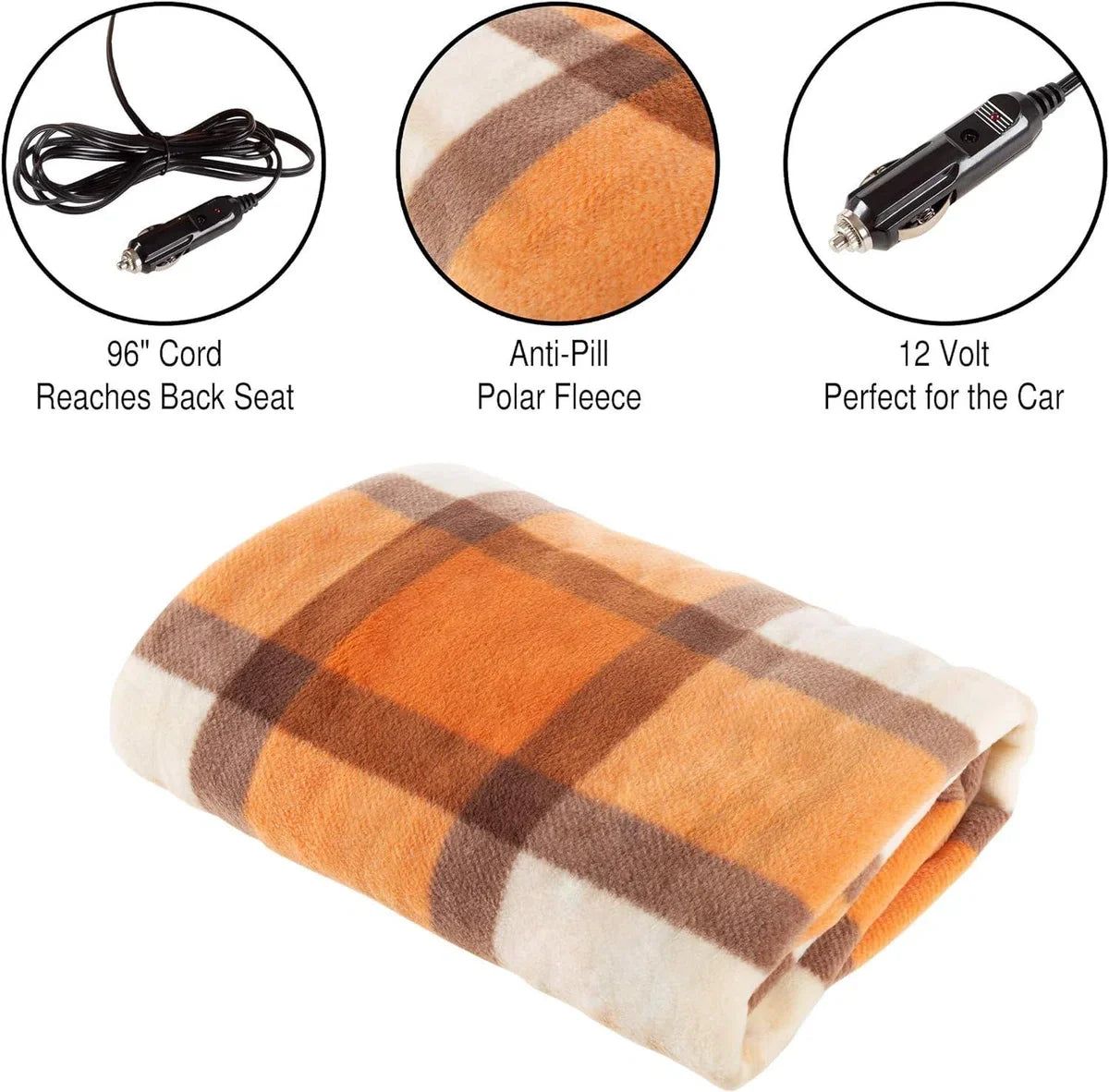 Elektrische deken verwarmde 12V Polar Fleece reisplaid voor auto vrachtwagen en camper - koud weer bumperkleven noodkit oranje 43" Campingdeken