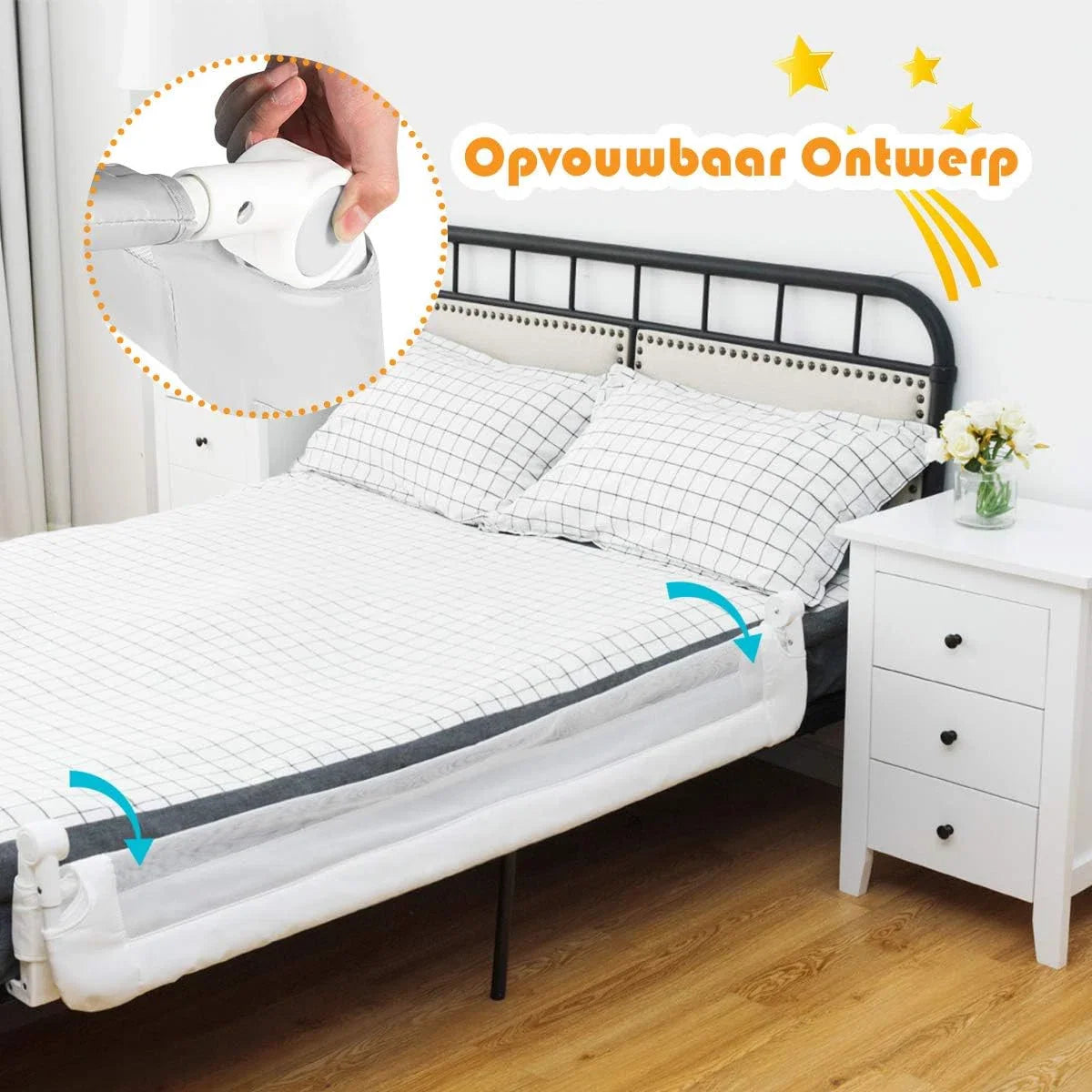 Bedhekje bescherming, 150 x 40 x 42 cm, opklapbaar veiligheidsbedhek voor peuters, kinderen & baby, omlaag te duwen hek voor converteerbare wieg, tweelingkinderen, tweepersoonsbed, eenpersoonsbed, kingsize en queensize matras (wit, 150 x 40 x 42 cm)
