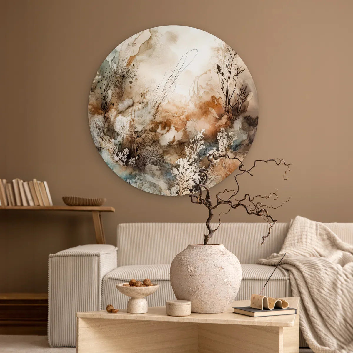 WallCircle® Wandcirkel 90x90 cm - Muurcirkel Abstract - Beige - Verf - Kunst - Natuur - Bloemen - Planten - Muurdecoratie cirkel woonkamer - Wanddecoratie slaapkamer - Kamer decoratie accessoires - Ronde schilderijen - Woonaccessoires