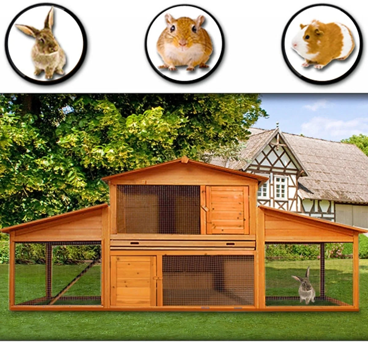 Konijnenhok Amber - Villa - 210 x 71 x 110 cm - Bruin