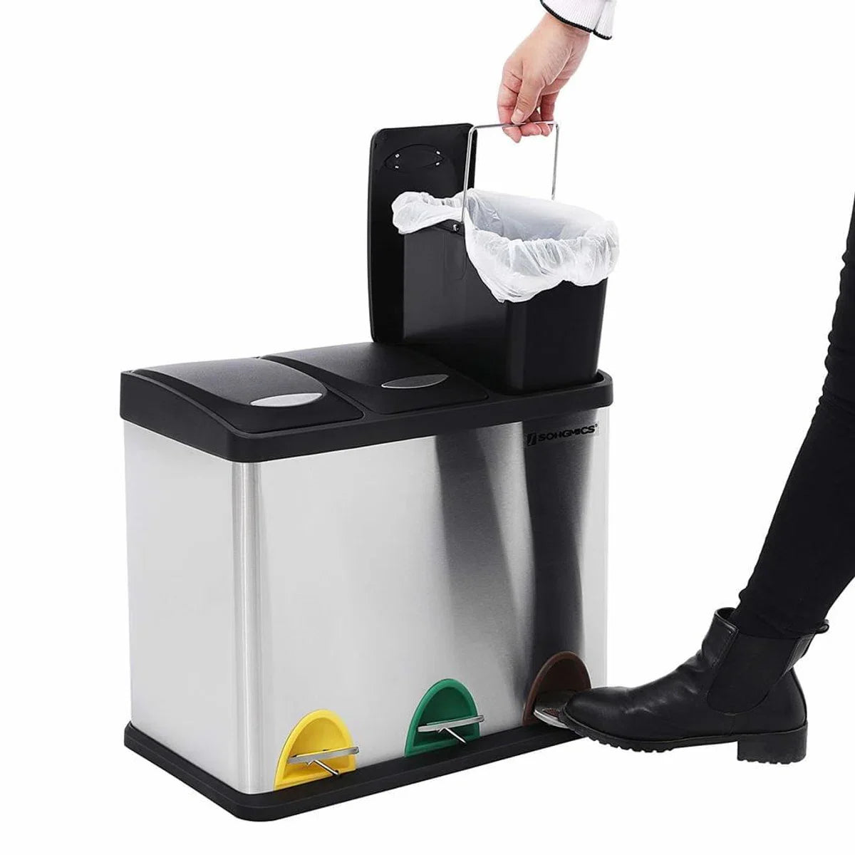 Songmics Prullenbak 24L - Afvalscheiden Prullenbak - Pedaalemmer Roestvrij Staal - 3 x 8 Liter Afvalbak