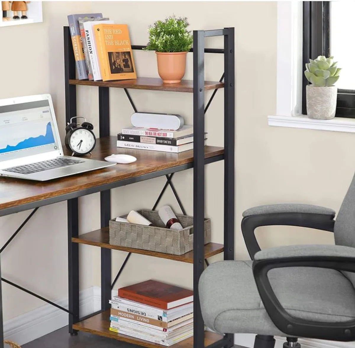 Mazazu - Desk - Computer Desk with Shelves - Home Office - Industrial - Vintage - Brown/Black - 60x120x76/120