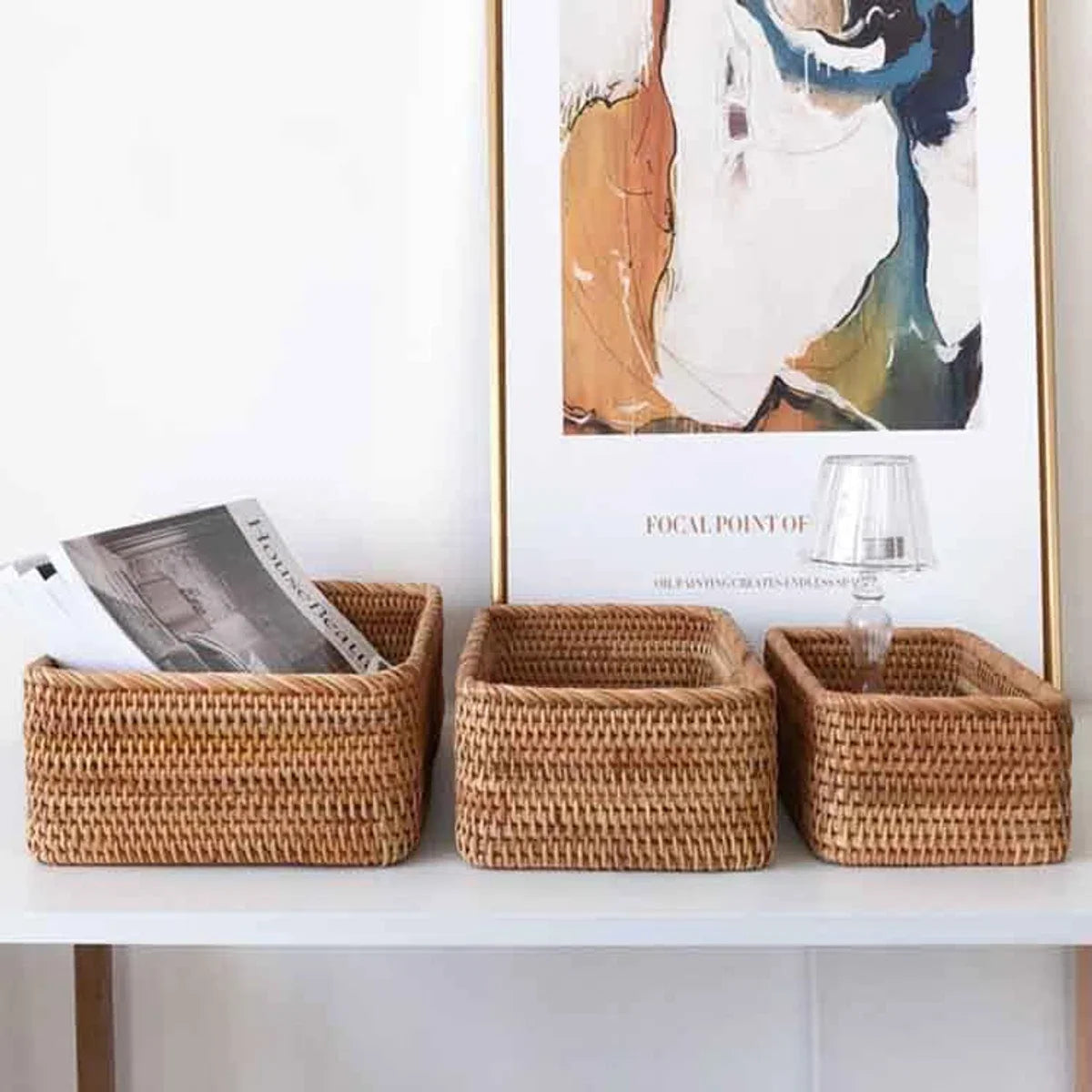 Natural Reed Storage Baskets, Rectangular Woven Fruit Baskets, Wicker Baskets Organizer for Bathroom, Living Room (Set of 3)