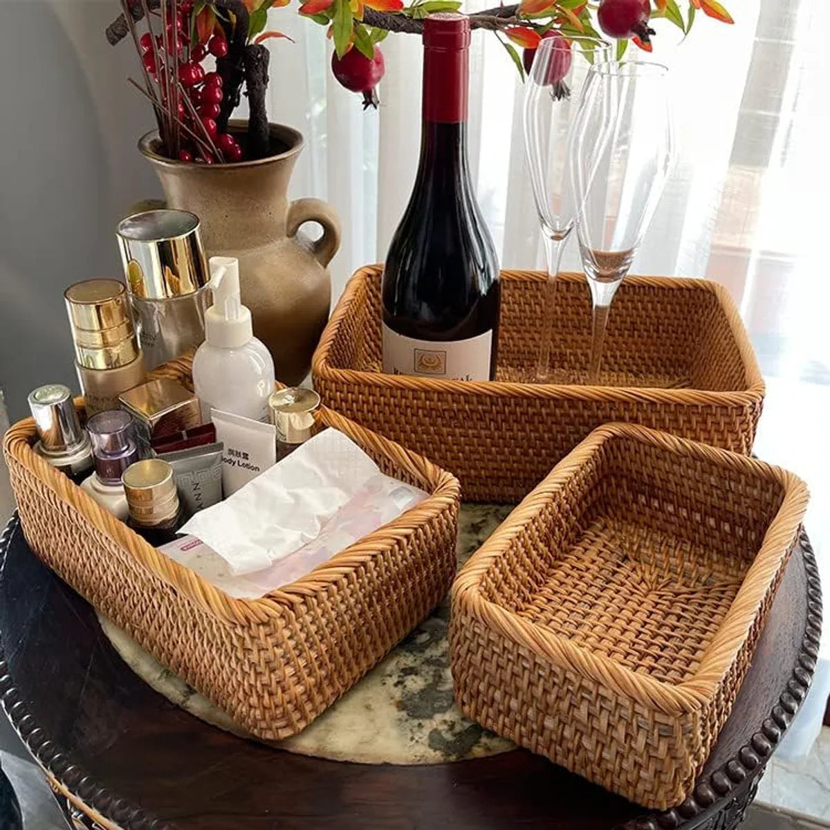 Natural Reed Storage Baskets, Rectangular Woven Fruit Baskets, Wicker Baskets Organizer for Bathroom, Living Room (Set of 3)