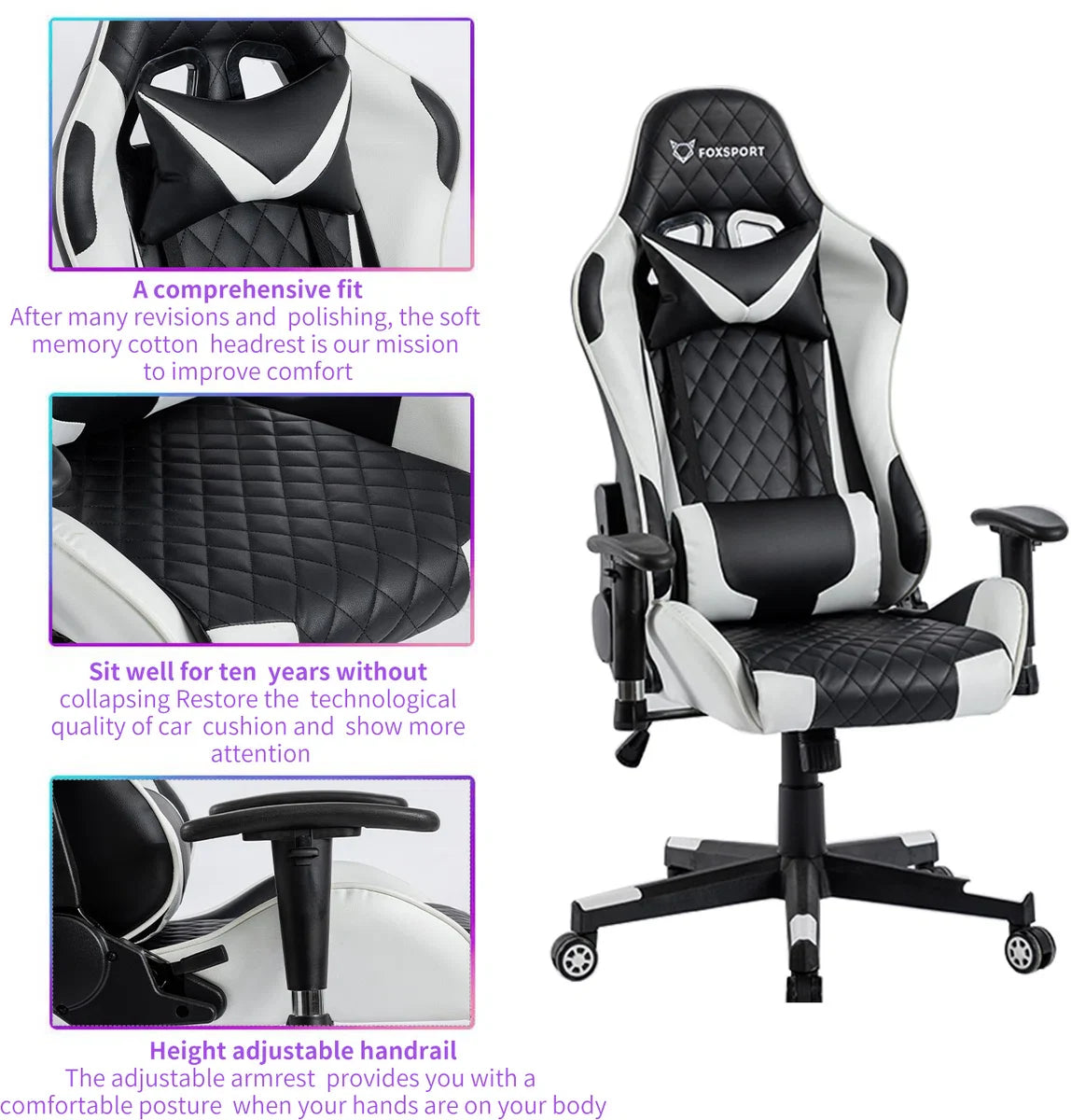 Seven Comfort - Game Stoel - Gaming Stoel - Gaming Chair - Zwart - Bureaustoel Met Nekkussen & Verstelbaar Rugkussen - Instelbare Zithoogte
