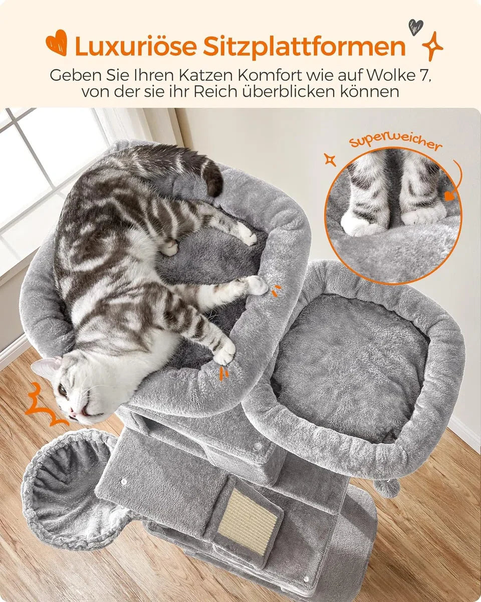 Scratching post, 206cm high scratching post with 13 scratching posts, 1 scratching ramp, 2 platforms, 2 caves, basket, hammock, pompoms, multi-level cat scratching post for large cats, Light Grey