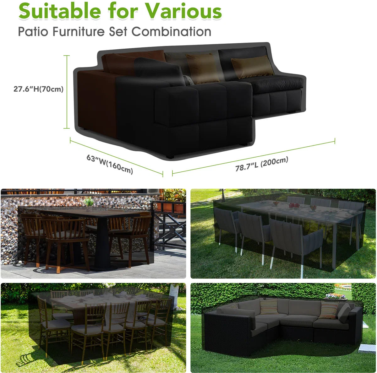 Garden Furniture Cover - 200*160*70cm - Waterproof Garden Furniture Covers Patio Set Protective Cover - with Storage Bag - Black