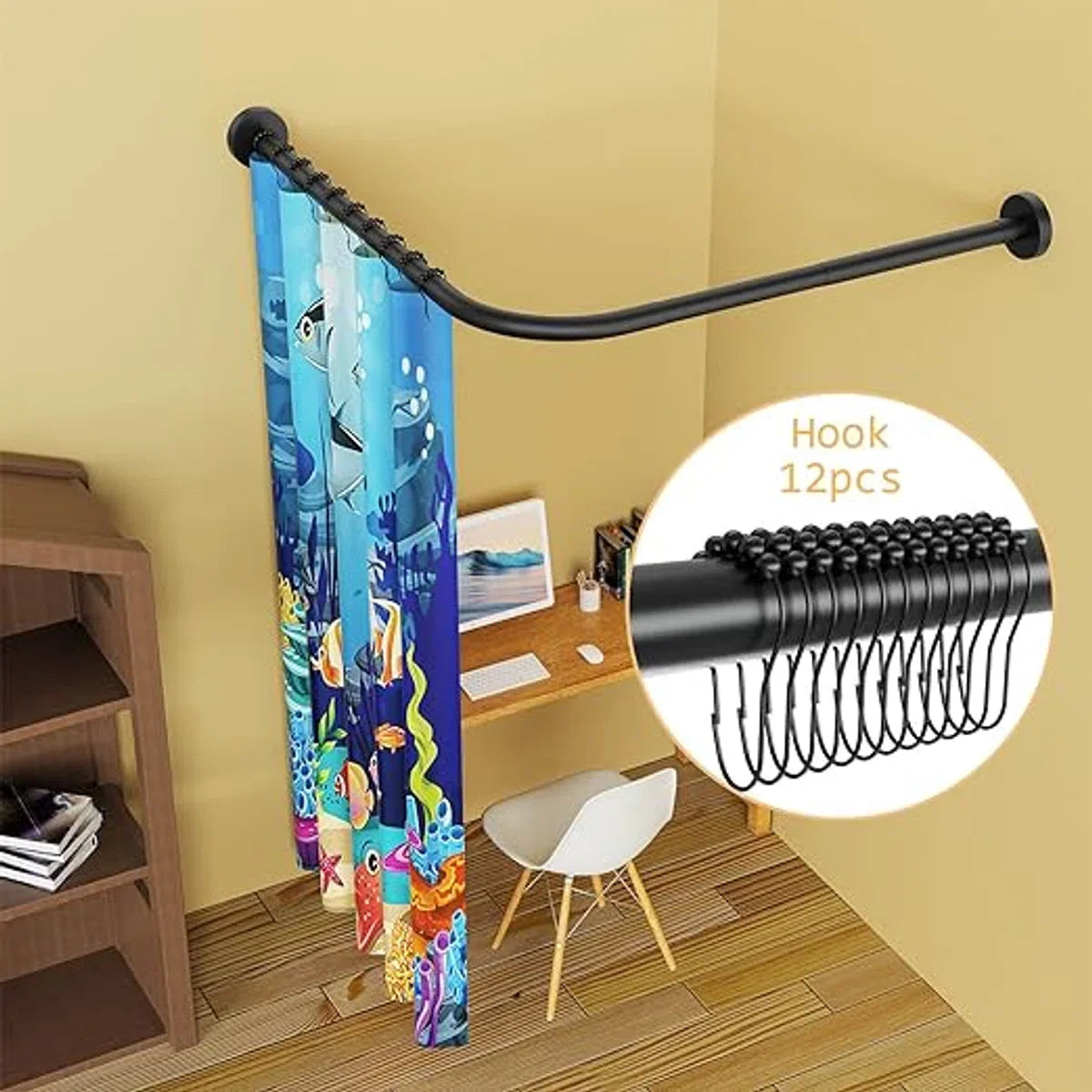 Extendable 304 Stainless Steel L-Shaped Bathroom Shower Curtain Corner Bathtub Rod (Black, 70-100 x 70-100 cm)