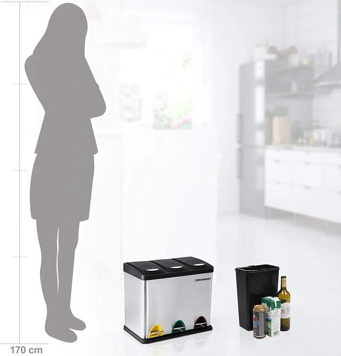 Kitchen waste bin, 3-in-1 waste bin, 24 litre, waste separation, metal pedal bin, waste separation system, robust, easy to clean, steel, silver