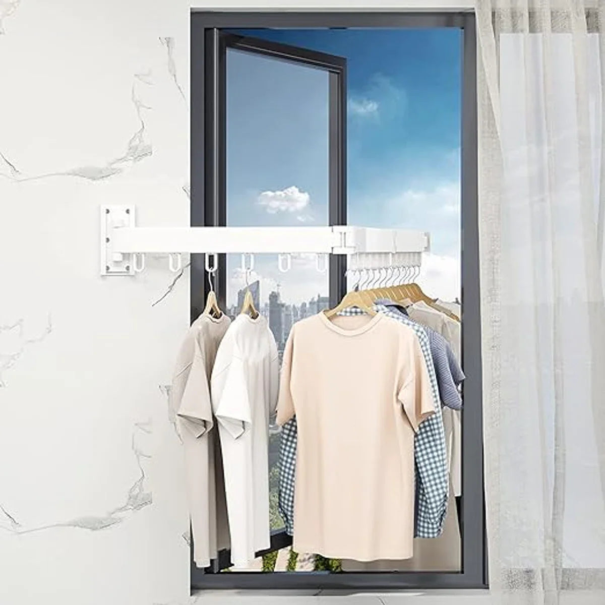 wall mounted drying rack, laundry drying rack, space-saving retractable clothes hanger rack, foldable clothes rack for balcony, laundry room, bathroom, patio (white)