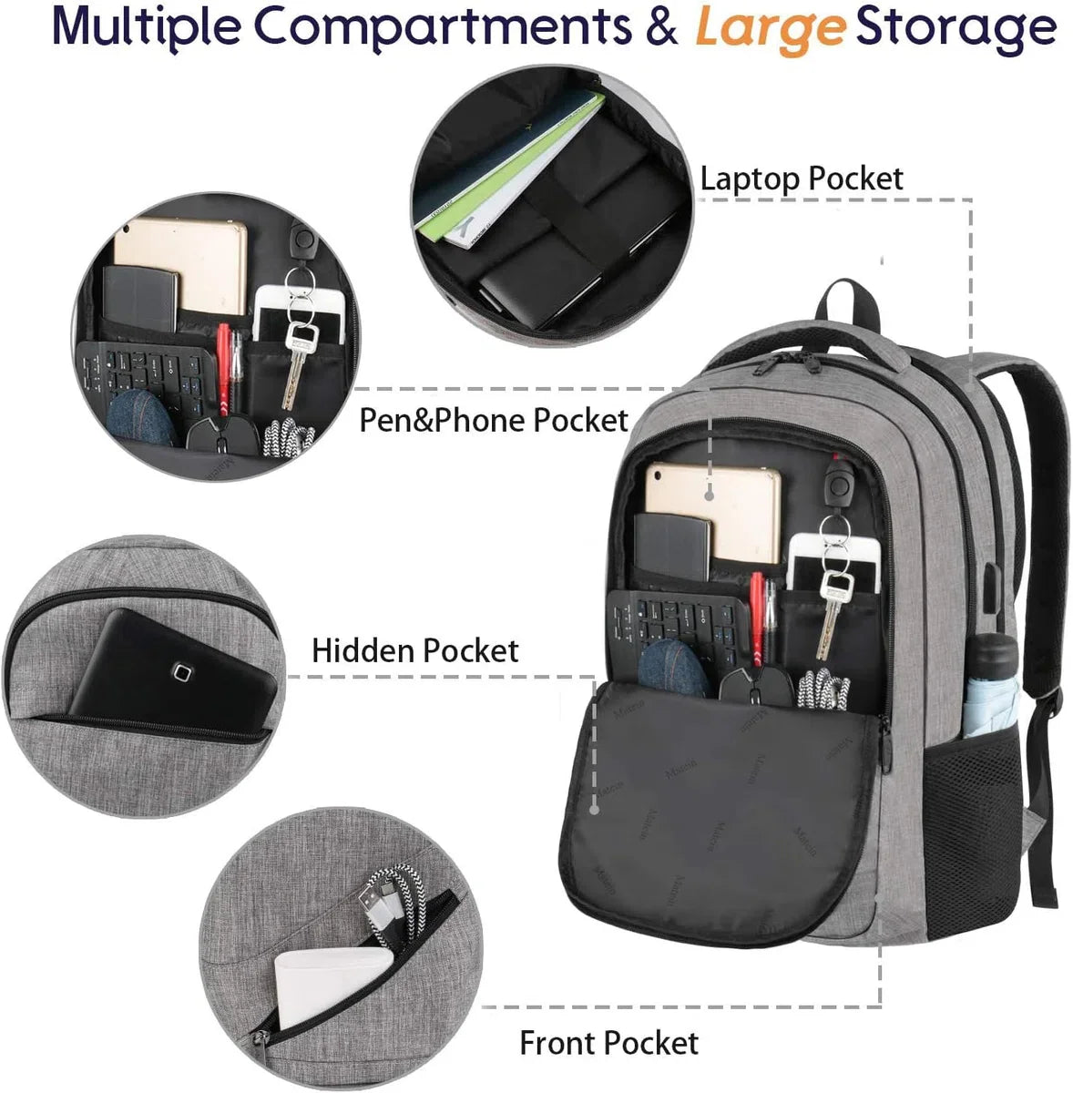 Travel Laptop Rugzak, TSA Grote Reistas voor Vrouwen Mannen, 17 Inch Zakelijke Vlucht Goedgekeurd Carry On Rugzak met USB-Lader Poort en Bagagemouw, MATEIN Duurzame College School Boekentas, Grijs